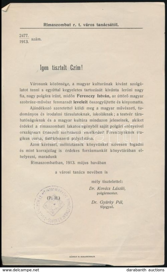 1913 Rimaszombat, Ferenczy István Szobrászművészt Méltató Könyvet Ismertető Hírlevél - Unclassified