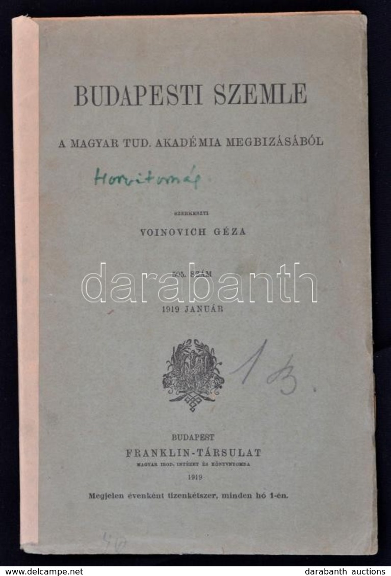 1919 Budapesti Szemle. 1919 Január, 505. Szám. Szerk.: Voinovich Géza. Bp., Franklin-Társulat, 80 P. Kiadói Papírkötés,  - Zonder Classificatie