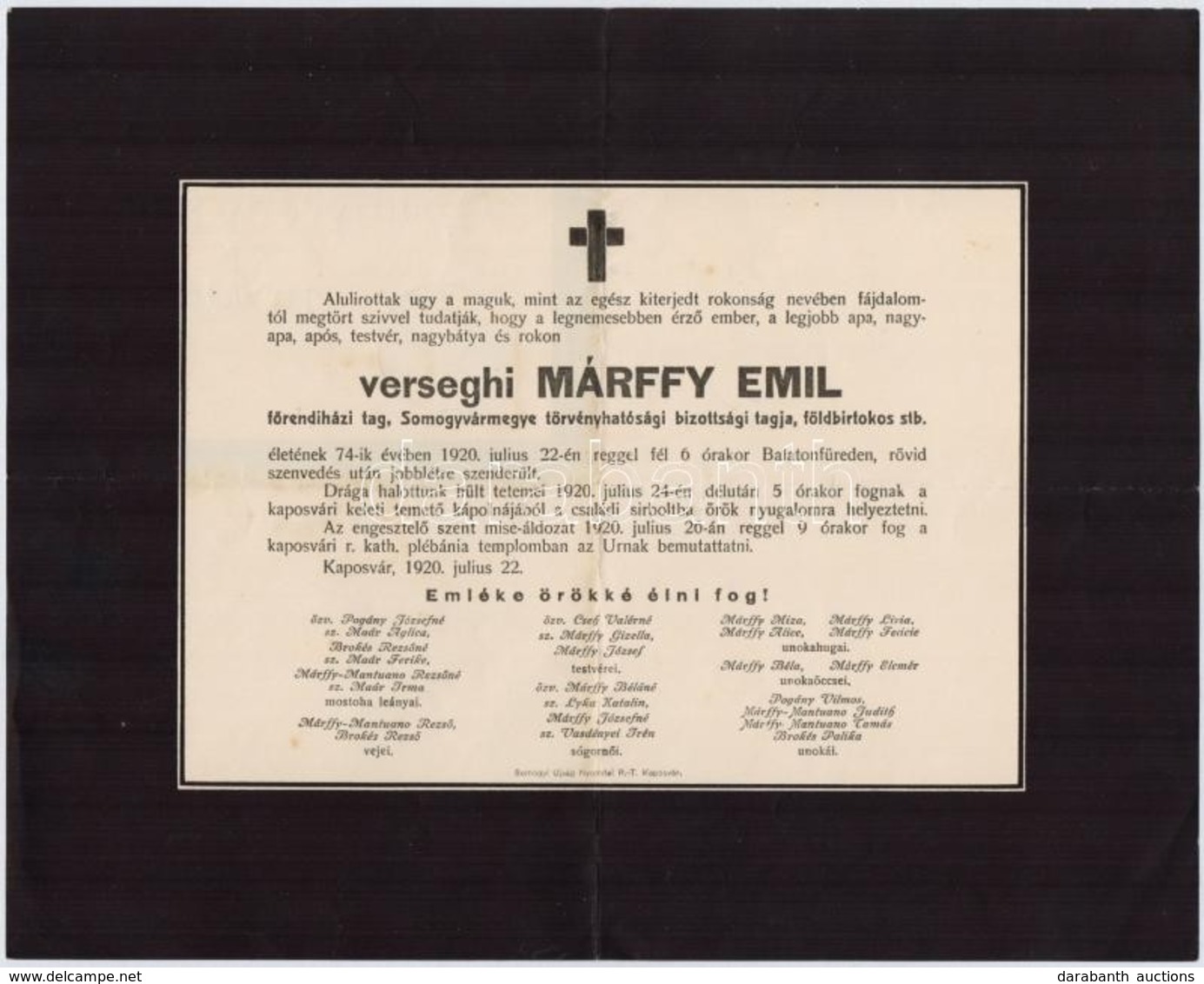 1920 Verseghi Márffy Emil (1847-1920), Huszár Kapitány, Földbirtokos, Főrendiházi Tag, Somogyvármegye Törvényhatósági Bi - Unclassified