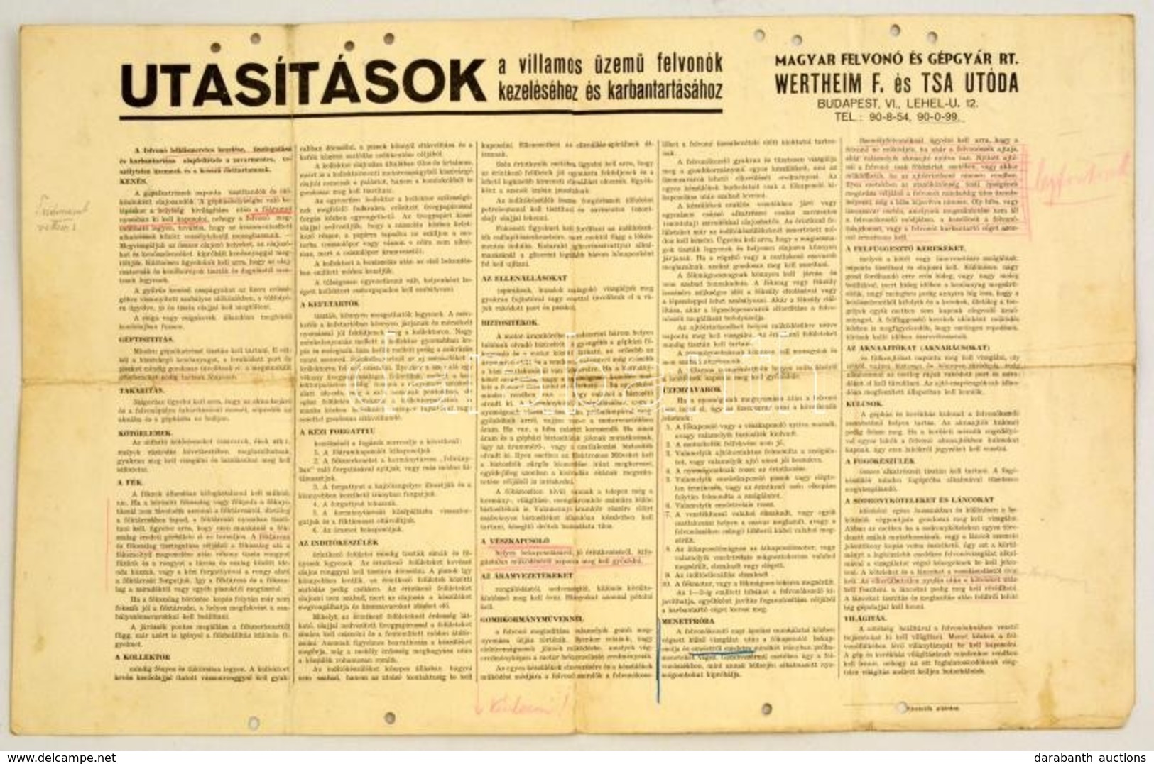 Cca 1930 Wertheim Felvonó Kezelési Utasítás Nagyméretű 55x31 Cm - Unclassified