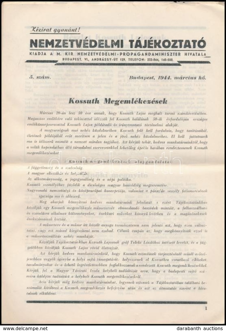 1944 Nemzetvédelmi Tájékoztató Kossuth Lajos Különszáma. 22p - Unclassified