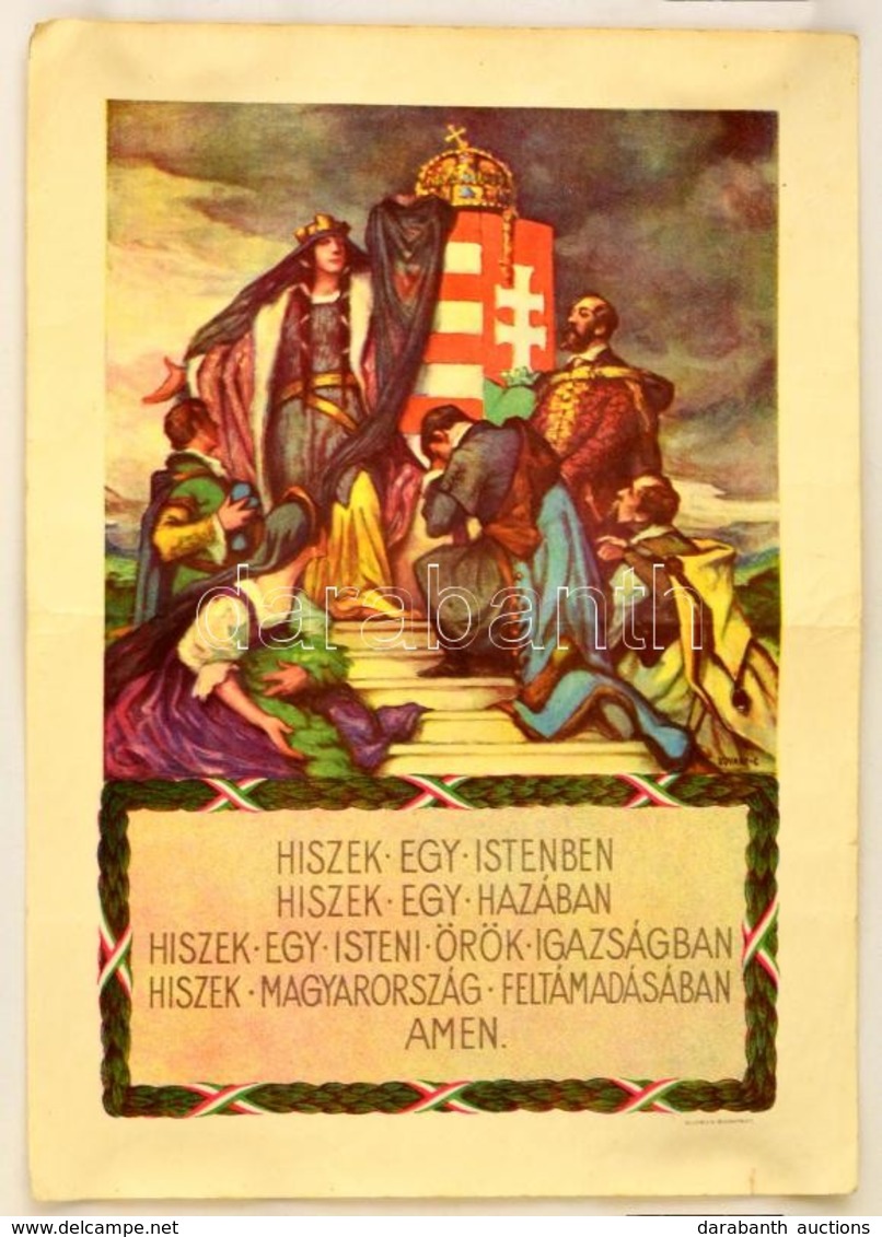 Cca 1920-1930 Magyar Hiszekegy, Kisplakát, Hajtásnyommal, 34×25 Cm + Hozzá Tartozó útmutató Szórólap - Andere & Zonder Classificatie