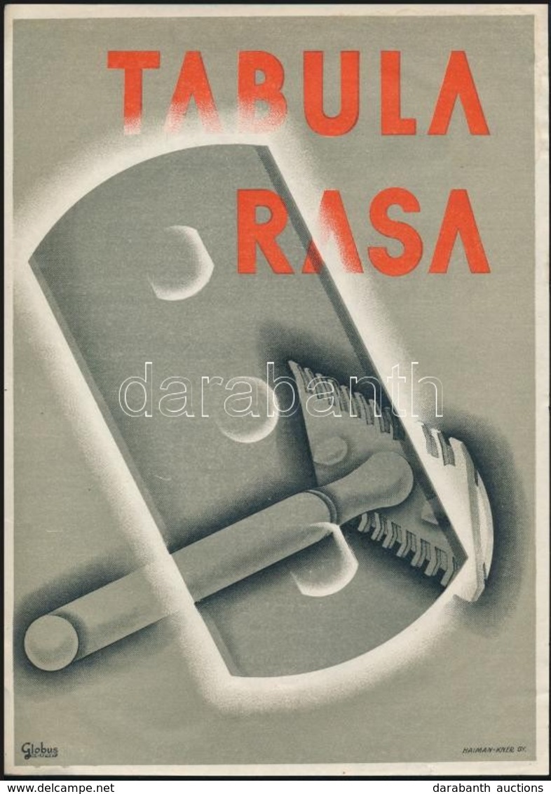 Cca 1930 Tabula Rasa Borotva Reklám Kisplakát, Globus Bp., Haiman-Kner Gy., 24x17 Cm - Andere & Zonder Classificatie