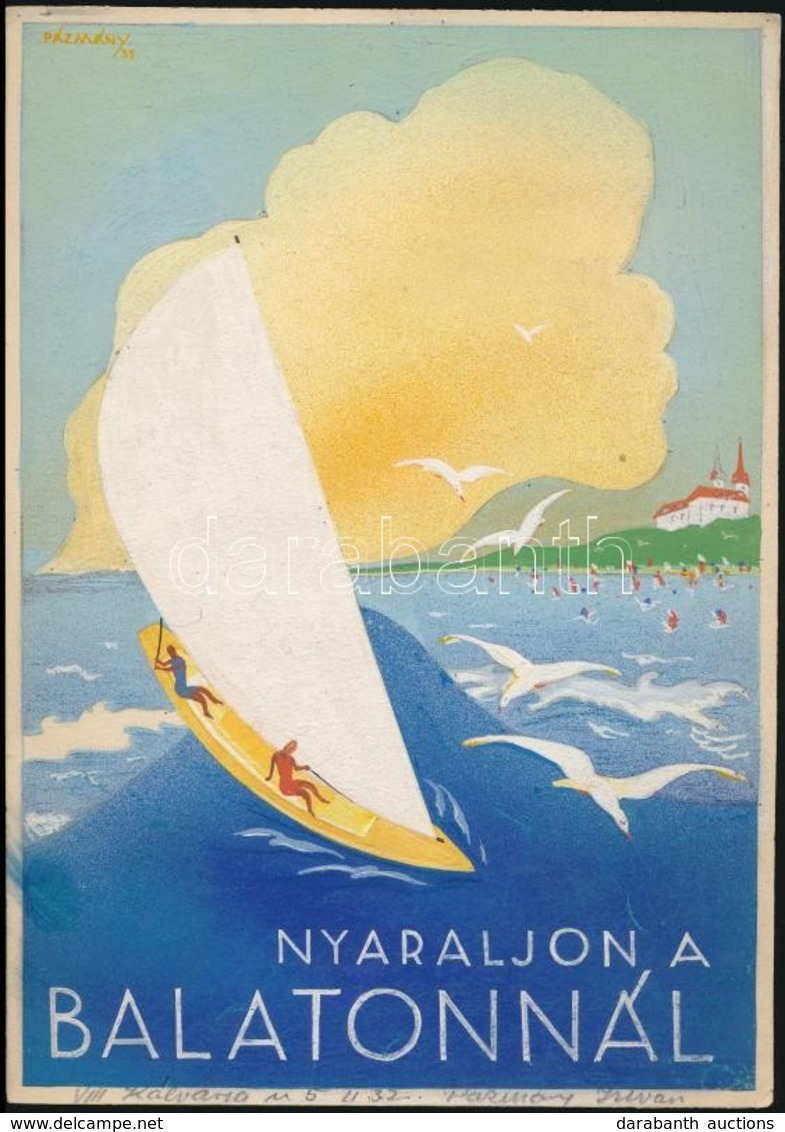 1935 Pázmány István (?-?): Nyaraljon A Balatonnál Plakátterv, Jelzett, Vegyes Technika, Papír, 26,5x19 Cm - Andere & Zonder Classificatie