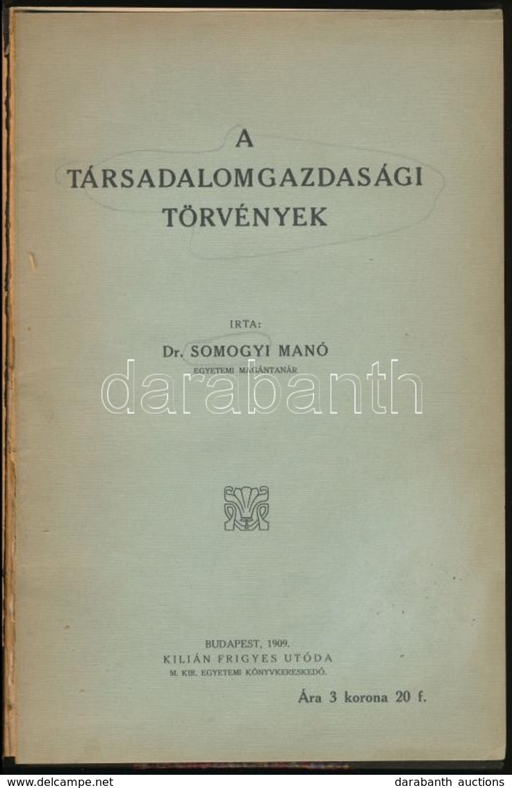 Dr. Somogyi Manó: A Társadalomgazdasági Törvények. Bp., 1909, Kilián Frigyes Utóda. Korabeli Félvászon-kötés, A Borító K - Zonder Classificatie