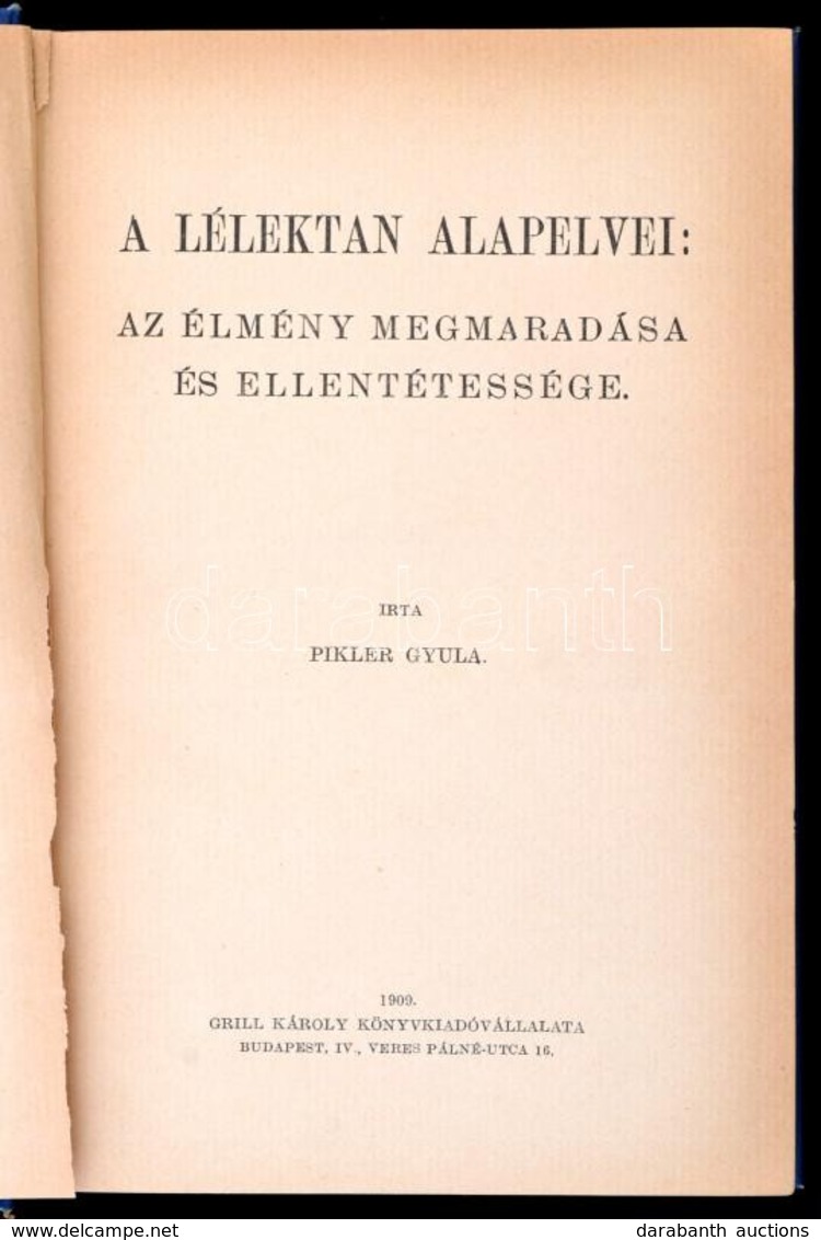 Pikler Gyula: A Lélektan Alapelvei. Az élmény Megmaradása és Ellentétessége. Társadalomtudományi Könyvtár. Bp., 1909, Gr - Zonder Classificatie