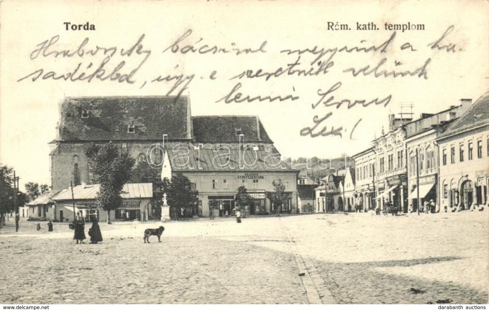 T2 Torda, Turda; Római Katolikus Templom, Utcakép, Szabó István üzlete, Cajzágó Gyógyszertára  / Church, Street, Shops,  - Unclassified