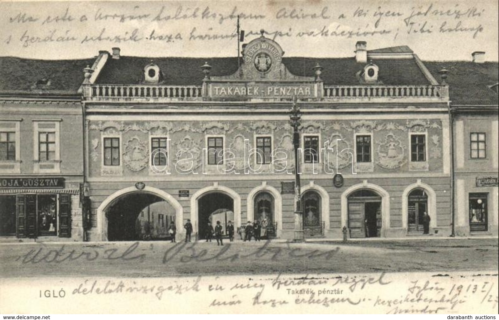 T2/T3 Igló, Iglau, Spisská Nová Ves; Takarékpénztár, Jakabin Alajos üzlete. D.T.C., L. 26481. / Savings Bank, Shops - Unclassified