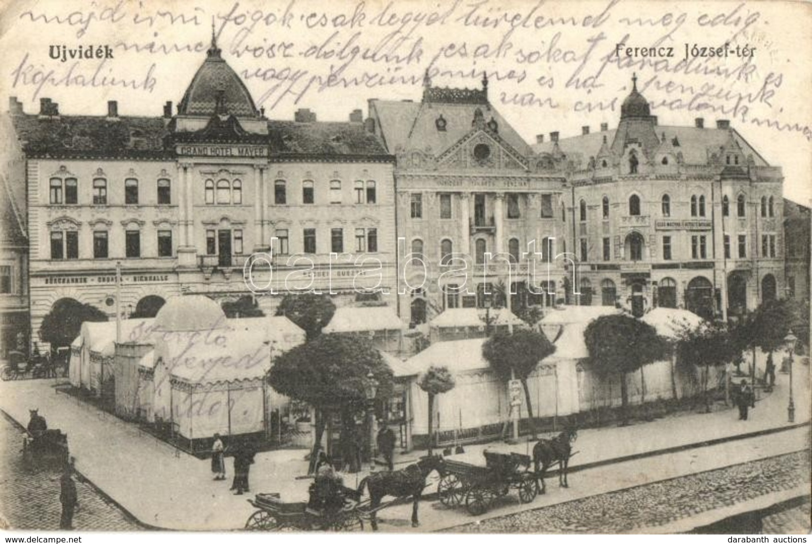 T2/T3 Újvidék, Novi Sad; Ferenc József Tér, Grand Hotel Mayer Szálloda, Récsei Gusztáv üzlete, Biztosító Társaság, Pavil - Zonder Classificatie