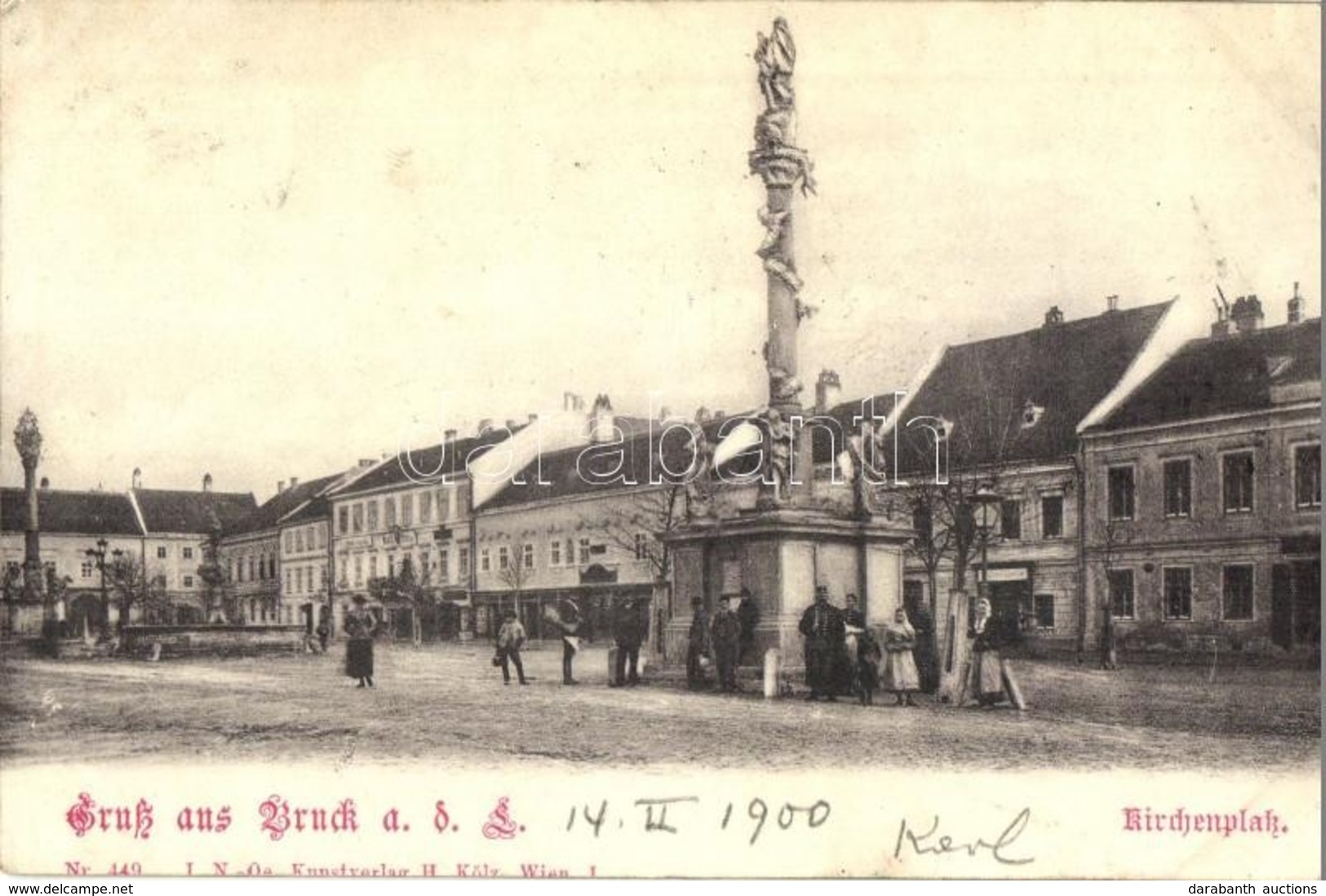 T2 Lajtabruck, Bruck An Der Leitha; Kirchenplatz / Templom Tér, Szobor / Church Square, Monument (nyomdai Elcsúszás / Ty - Unclassified