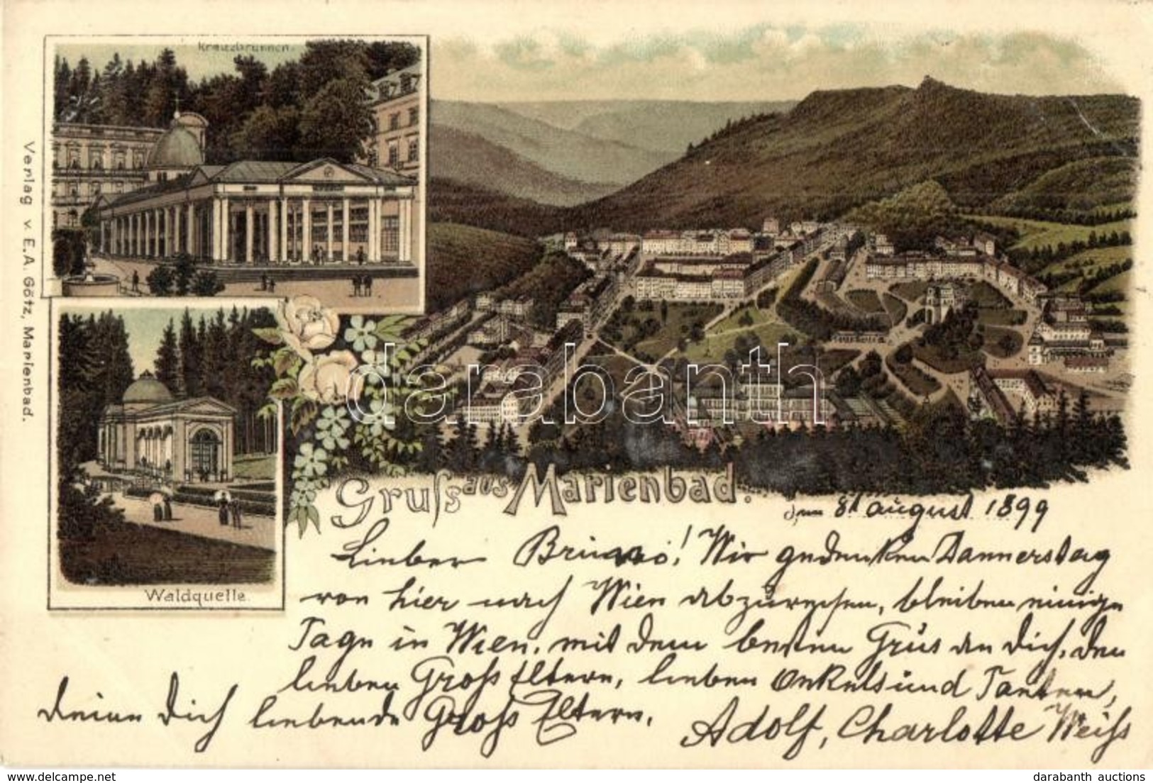 T2 1899 Marianske Lazne, Marienbad; Kreuzbrunnen, Waldquelle / Fountain, Well. A. E. Götz Floral Litho - Zonder Classificatie