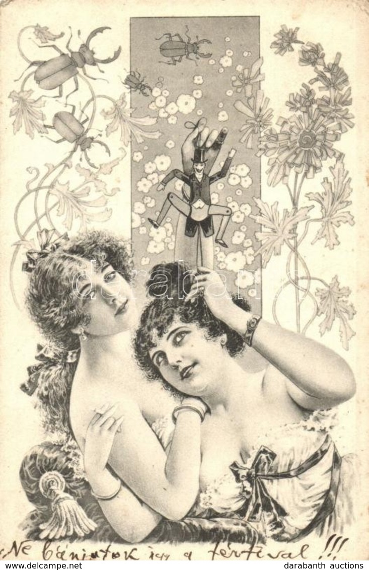 T2/T3 Gently Erotic Ladies With Stag-beetles And Gentleman-puppet. Art Nouveau (EK) - Zonder Classificatie