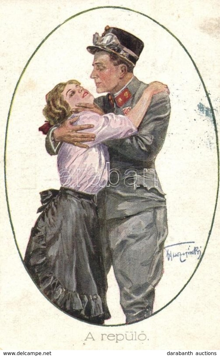 T2/T3 A Repülő / WWI Military Aircraft Pilot With His Love, Romantic Couple. Artist Signed (EK) - Zonder Classificatie