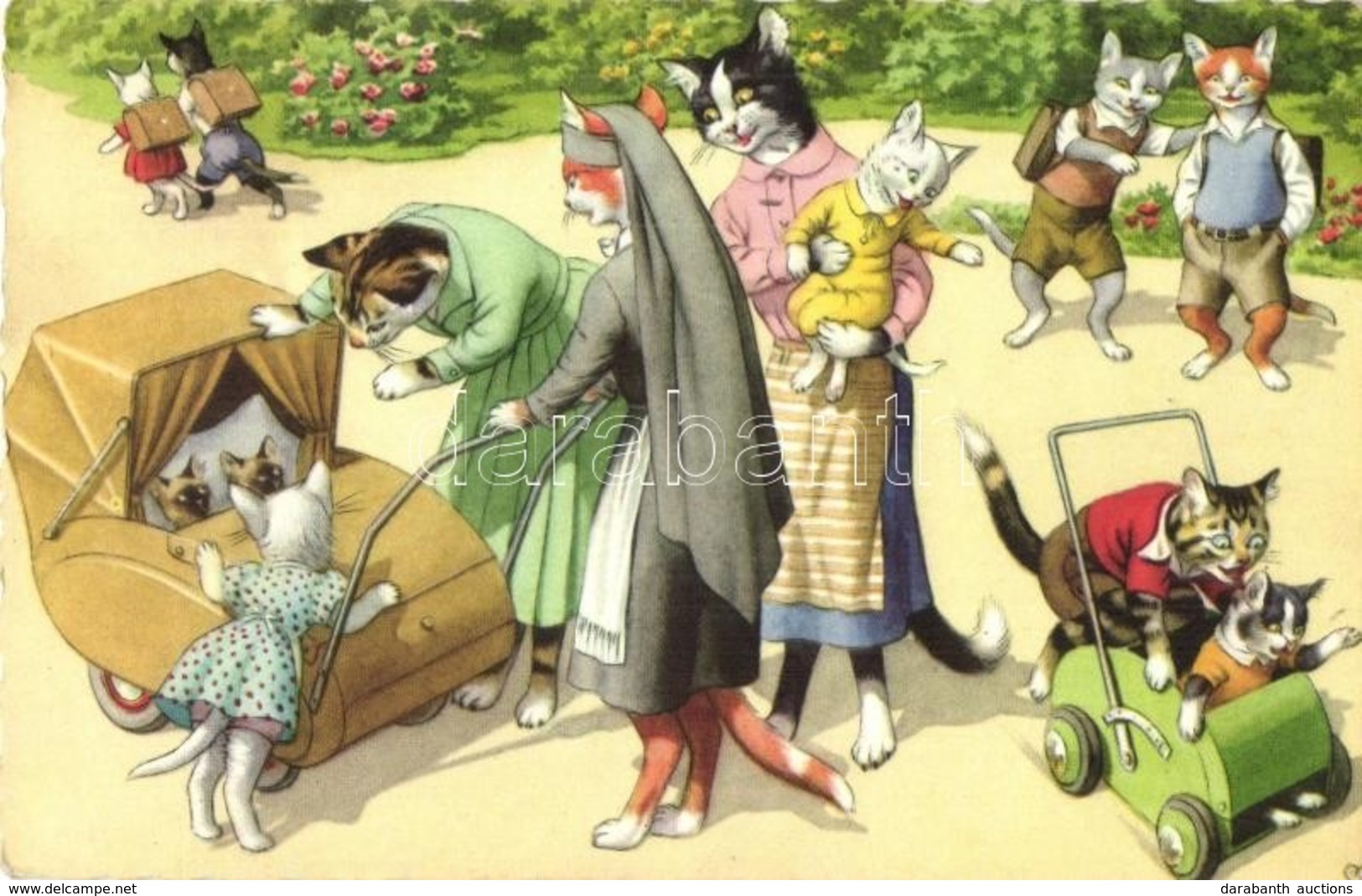 * T2/T3 Cats With Baby Carriage. Alfred Mainzer 4853. - Modern Postcard (gluemark) - Unclassified