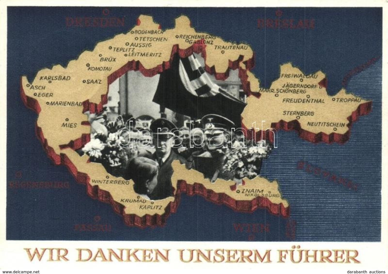 * T2/T3 Wir Danken Unserm Führer / NSDAP German Nazi Party Propaganda, Adolf Hitler, Konrad Henlein, Map Of The Czech Re - Zonder Classificatie