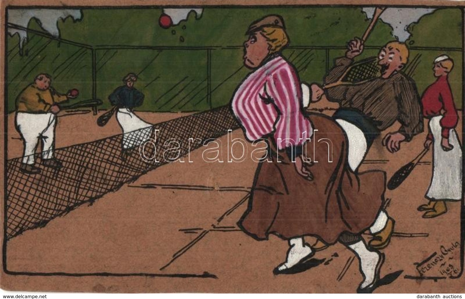 T2/T3 1908 Kolozsvári Tenisz Társaság / Tennis Game. Hungarian Art Postcard. Letter From  The Artist S: Ferenczy Gyula ( - Zonder Classificatie