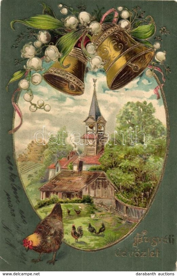 T2/T3 Húsvéti üdvözlet! / Easter Greeting Card With Chicken, Bells, Church. Emb. Golden Decorated Litho (EK) - Zonder Classificatie