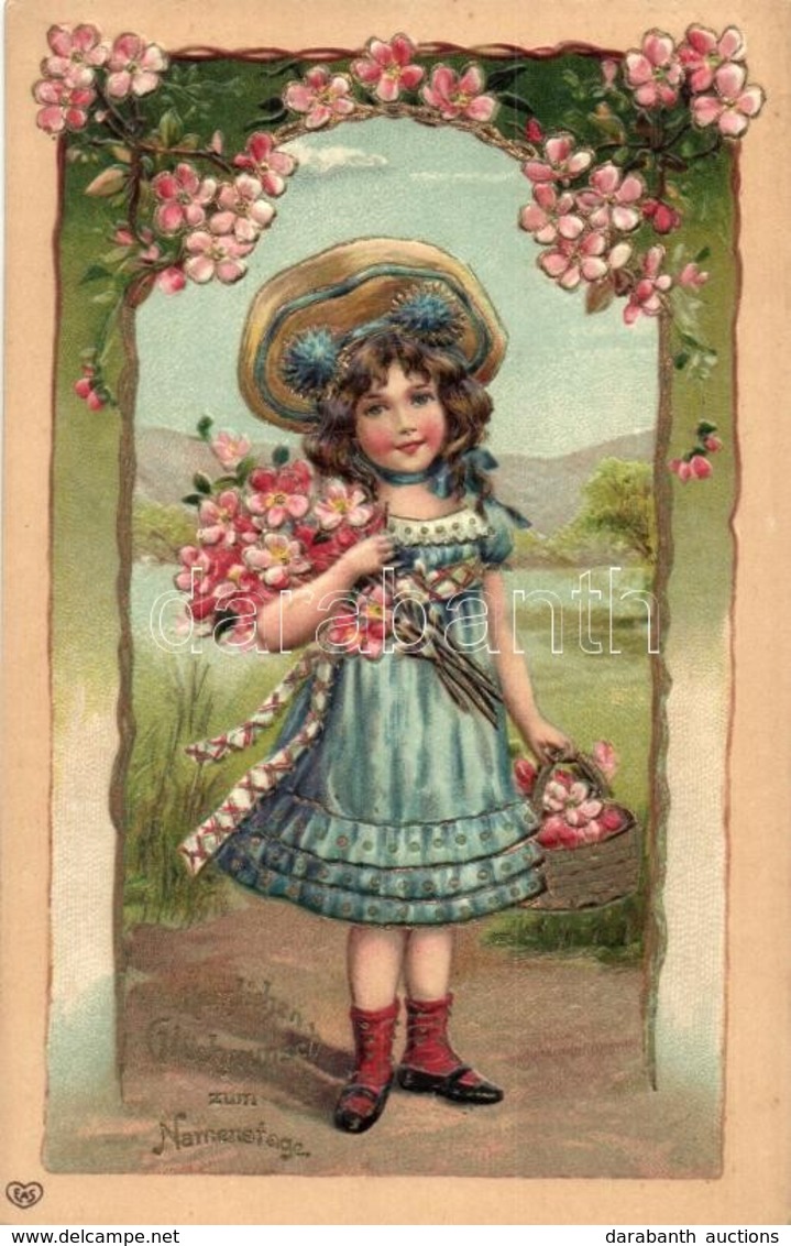 ** T1/T2 'Herzlichen Glückwunsch Zum Namenstage' / Nameday Greeting, Girl, Flowers, Emb. Litho - Unclassified