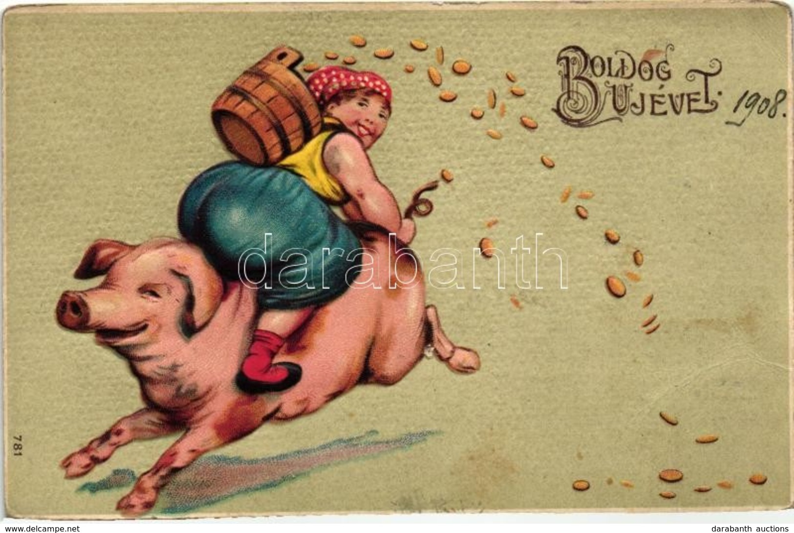 * T2/T3 New Year, Woman Riding A Pig, Money, Emb. Litho (EK) - Zonder Classificatie