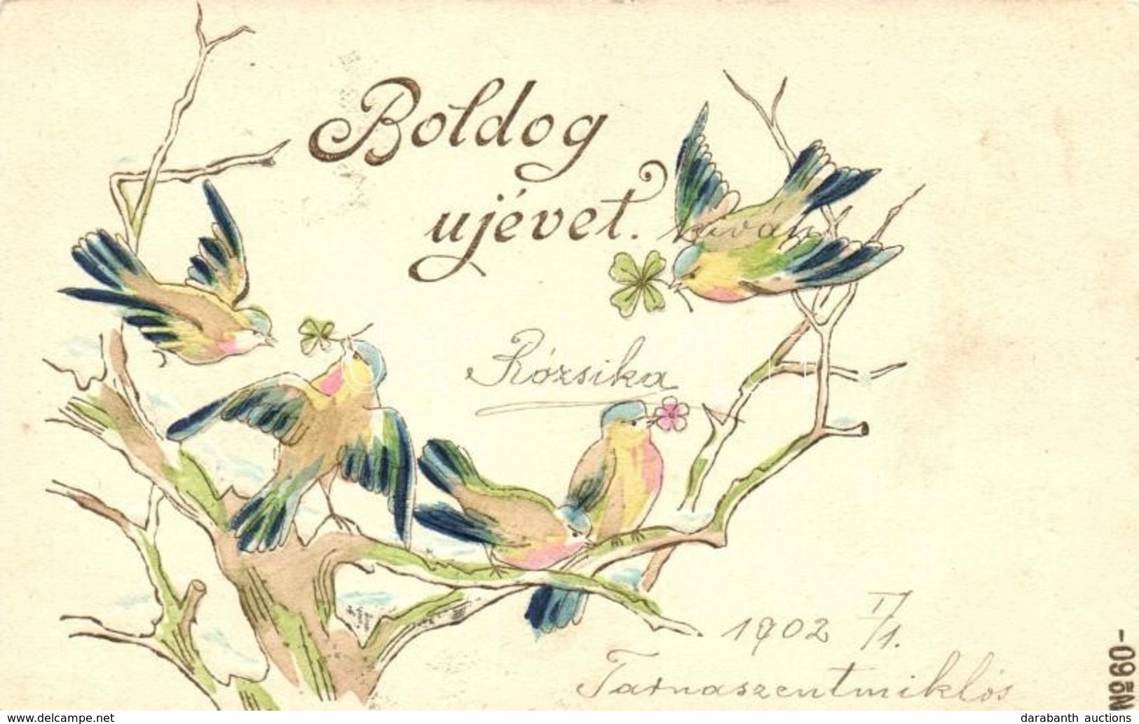 T2/T3 'Boldog Újévet!' / New Year, Birds With Clover, Emb. (EK) - Zonder Classificatie