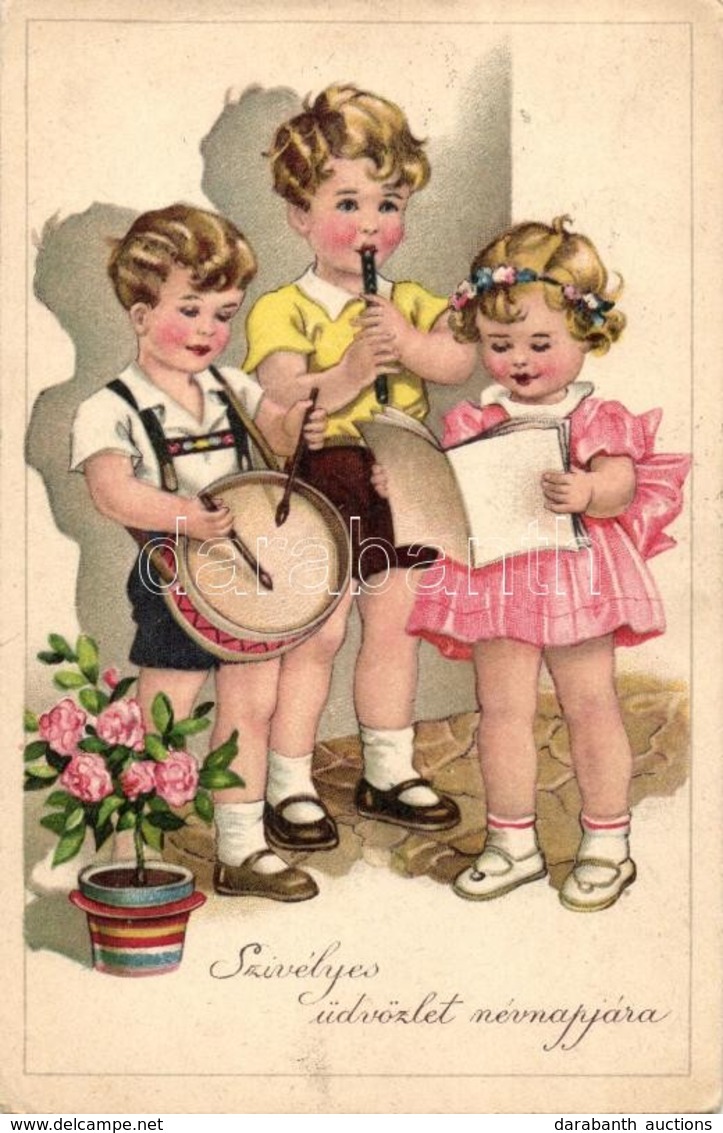 T2/T3 'Szívélyes üdvözlet Névnapjára' / Nameday, Music Playing Children, ZDB No. 8700., Litho (EK) - Zonder Classificatie