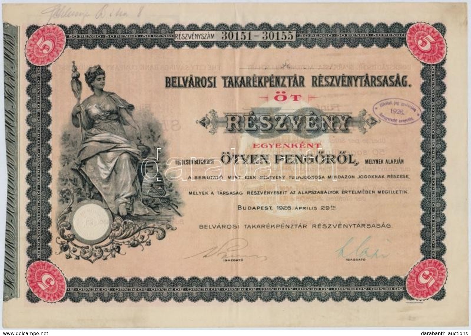 Budapest 1926. 'Belvárosi Takarékpénztár Részvénytársaság' öt Részvénye Egyben 250P-ről (2x), Sorszámkövetők Szárazpecsé - Unclassified