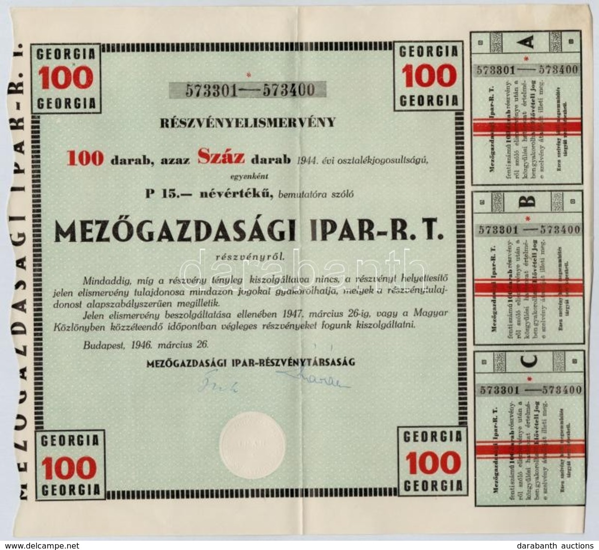 1946. 'Mezőgazdasági Ipar R.T.' Részvény Elismervénye Száz Darab Részvényről, összesen 1500P értékben, Szelvényekkel, Sz - Unclassified