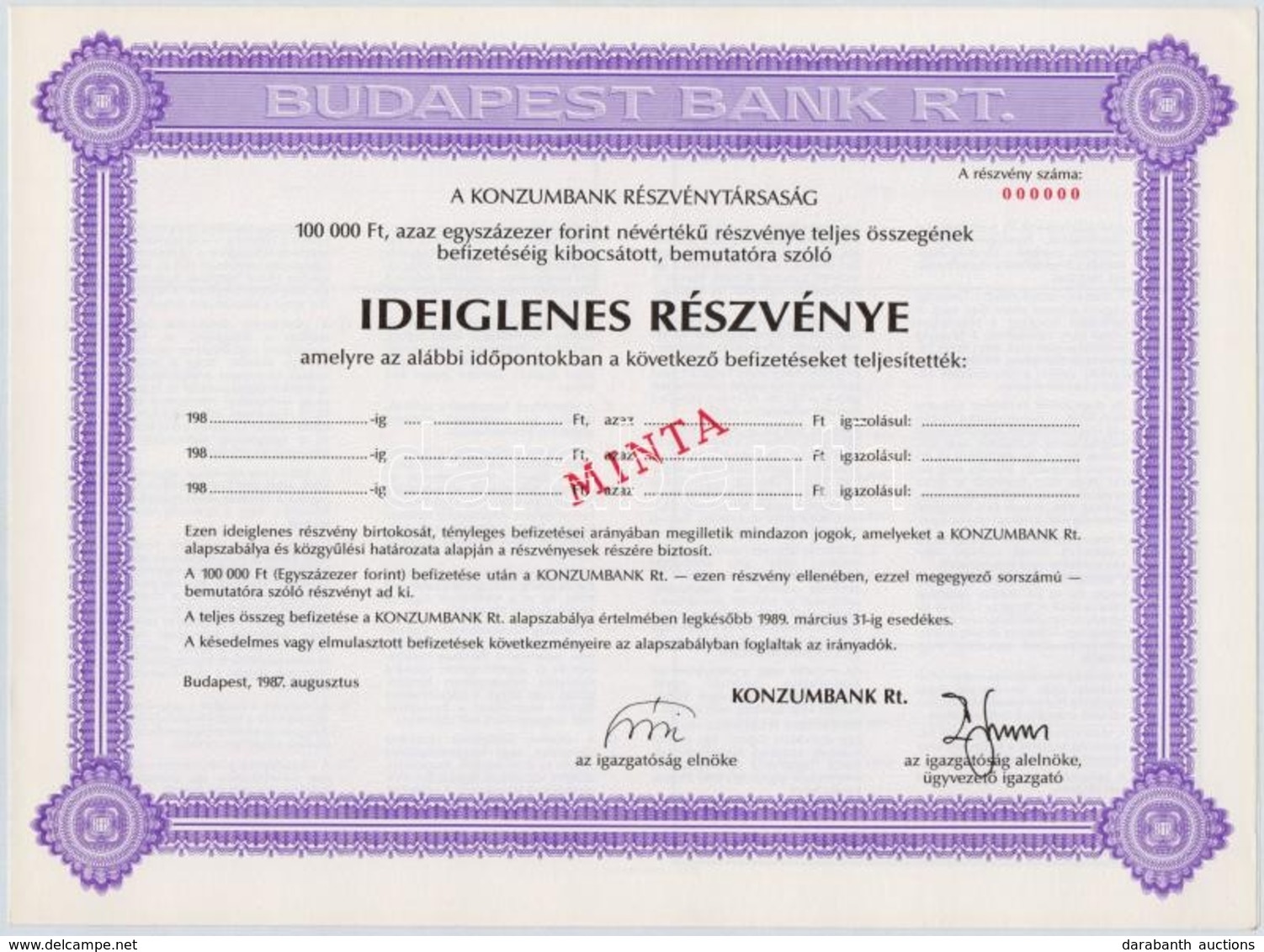 1987. 'A Konzumbank Részvénytársaság' Ideiglenes Részvénye 100.000Ft-ról, '0000'-ás Sorszámmal és 'MINTA' Felülbélyegzés - Zonder Classificatie