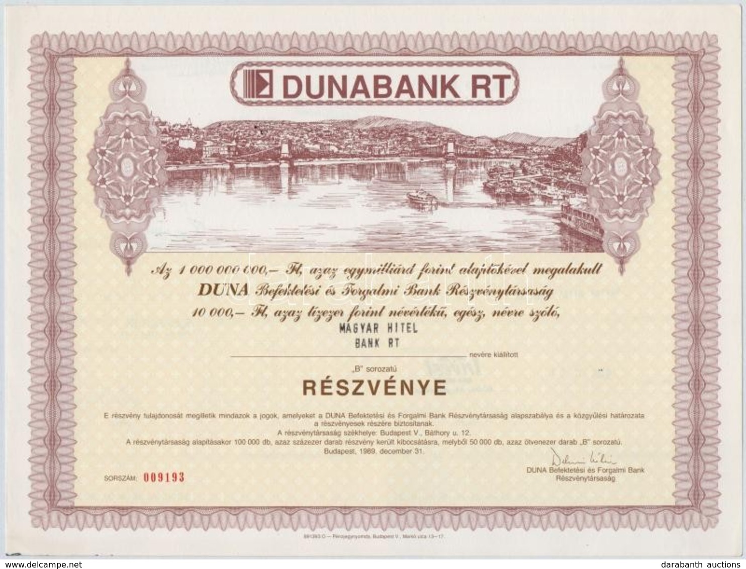 1989. 'Dunabank Rt.' Részvénye 10.000Ft-ról, Bélyegzéssekkel, Szelvényekkel T:I- - Zonder Classificatie