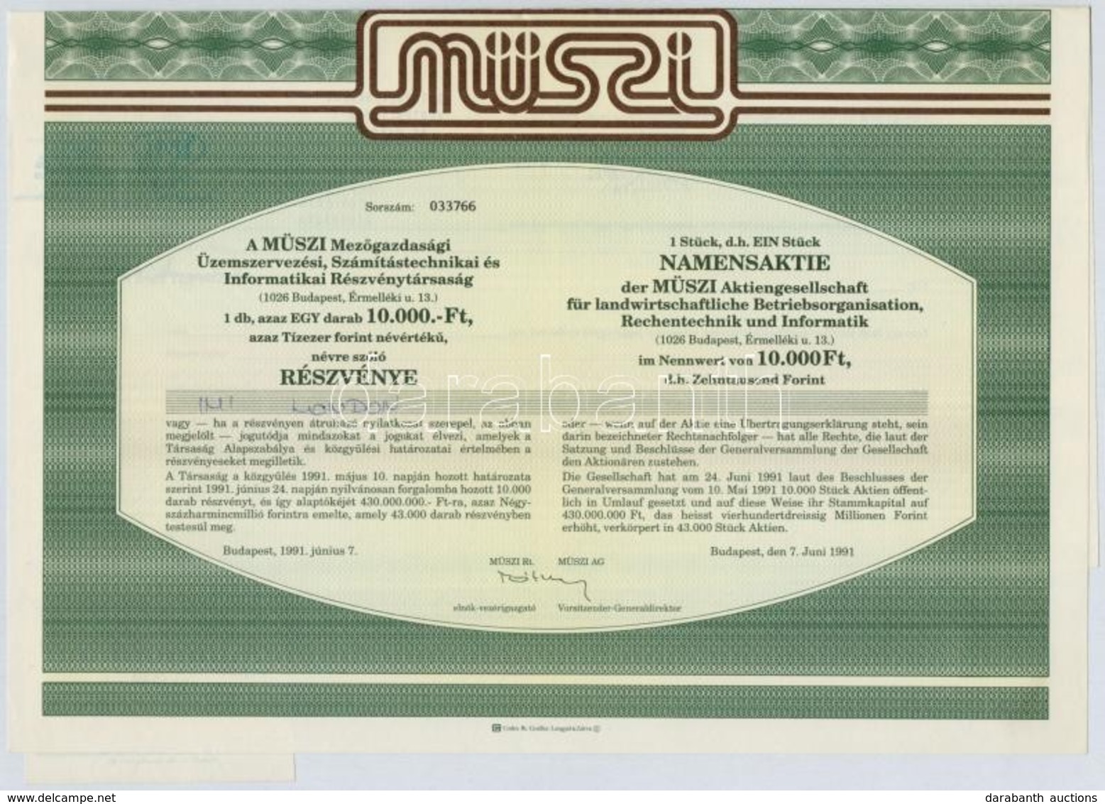 1990. 'FOTEX Első Amerikai-Magyar Fotószolgáltatási Részvénytársaság' Részvénye 100Ft-ról, Szelvényekkel + 1991. 'MÜSZI  - Zonder Classificatie