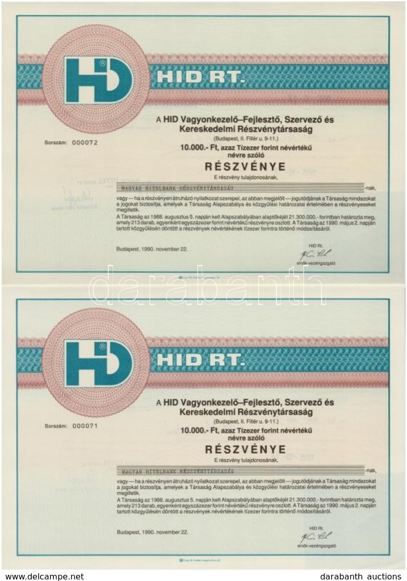 1990. 'Hid Rt. - A HID Vagyonkezelő-Fejlesztő, Szervező és Kereskedelmi Részvénytársaság' Részvénye 10.000Ft-ról (2x) So - Zonder Classificatie