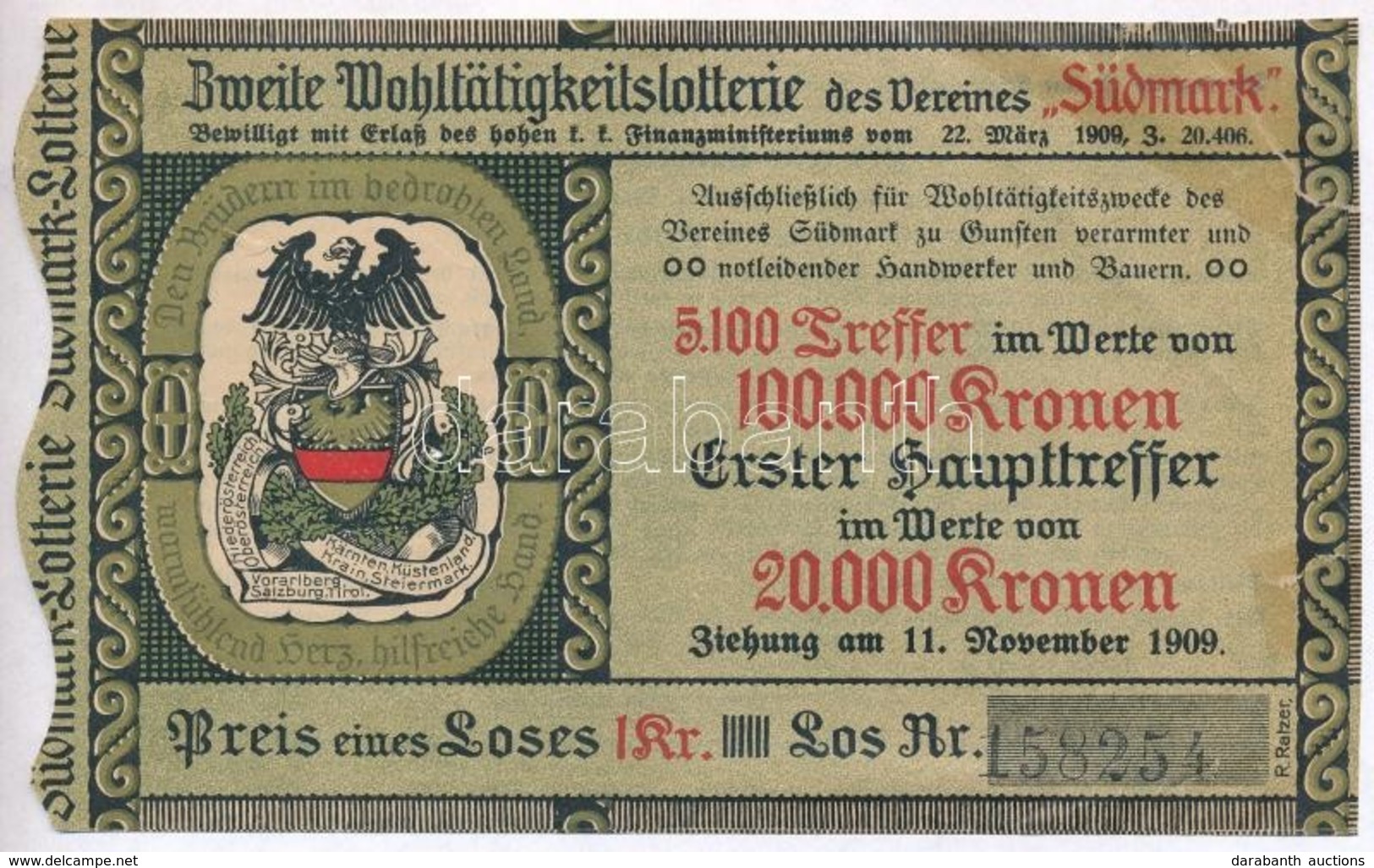 Ausztria 1909. 'Zweite Wohltätigkeitslotterie Des Vereines Südmark (A Südmark Egyesület Második Jótékonysági Lottójátéka - Zonder Classificatie