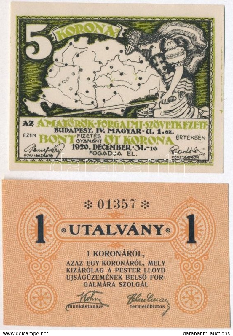 Budapest 1920. 5K 'Amatőrök Forgalmi Szövetkezete' + 1K 'Pester Lloyd' Utalvány T:I,I- - Zonder Classificatie