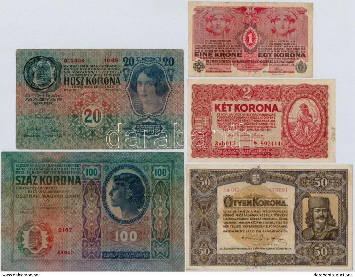 1912-1920. 5db-os Korona Bankjegy Tétel T:III,III- - Zonder Classificatie