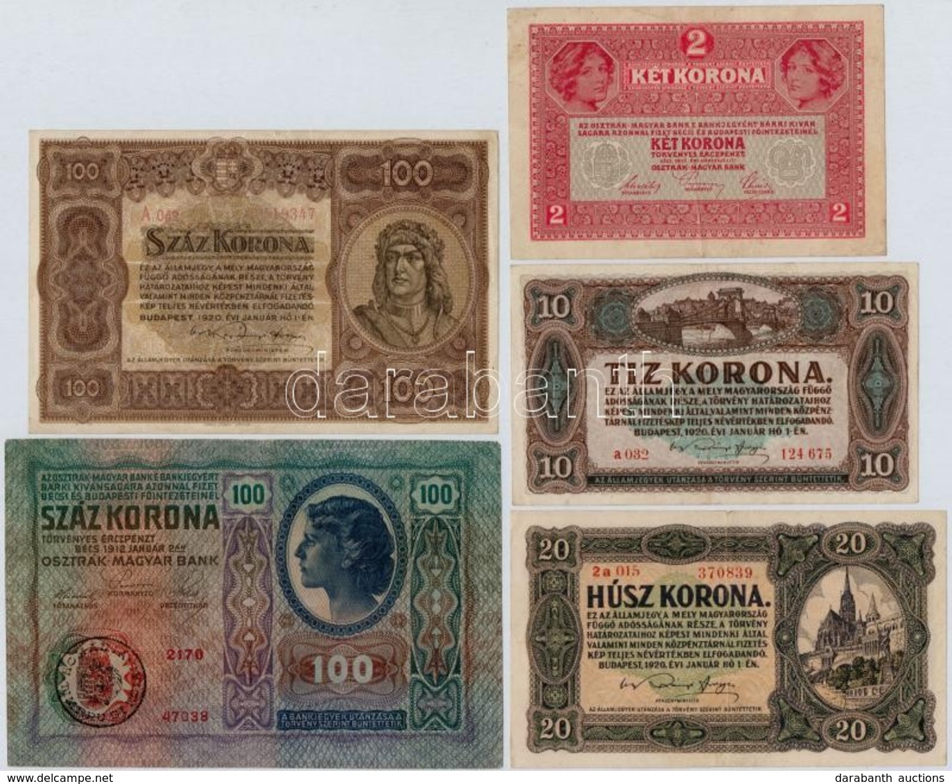 1912-1920. 5db-os Korona Bankjegy Tétel T:III - Zonder Classificatie