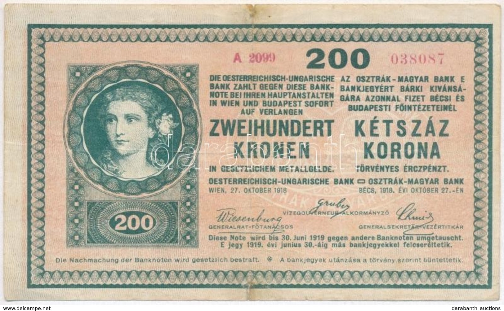 1918. 200K 'A 2099' Hullámos Hátlap, Hátoldalán Hamis 'Szatmár Vármegye Tyukod Község 1907' Felülbélyegzéssel (fake Over - Zonder Classificatie