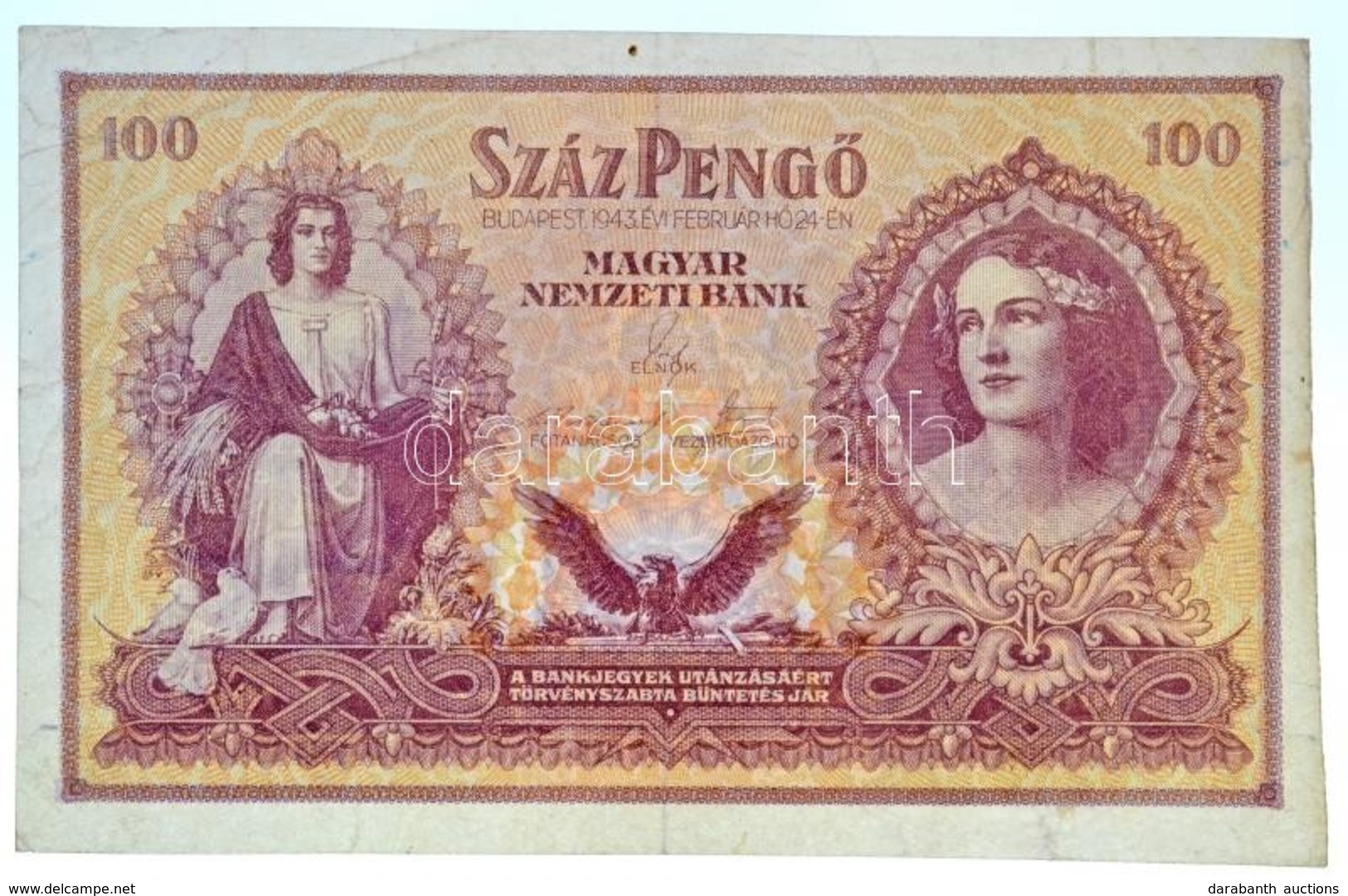 1943. 100P 'Szálasi-kiadás' Kiadatlan, Sor- és Sorozatszám Nélkül, ívből Kivágva T:III /
Hungary 1943. 100 Pengő 'Szálas - Zonder Classificatie