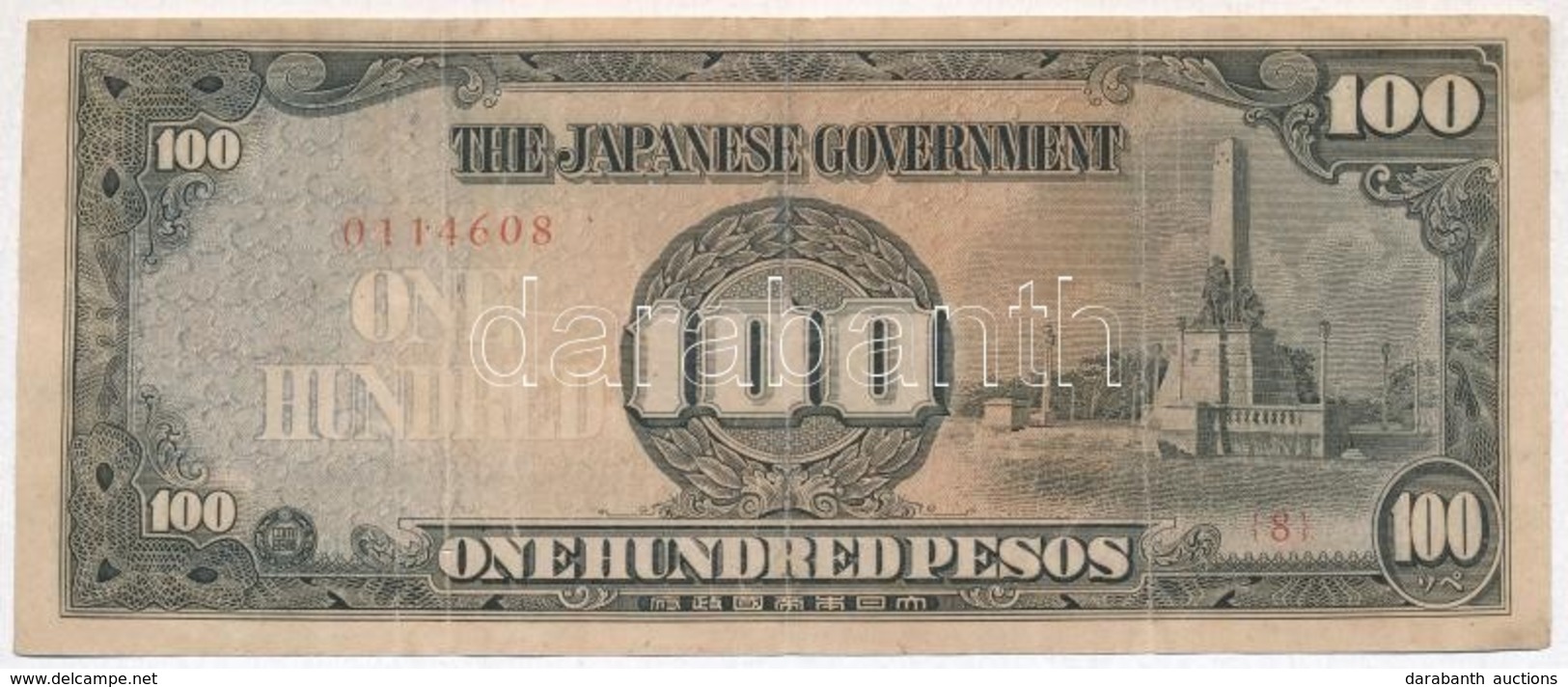 Fülöp-szigetek / Japán Megszállás 1944. 100P T:III Tűly.
Philippines / Japanese Occupation 1944. 100 Pesos C:needle Hole - Zonder Classificatie