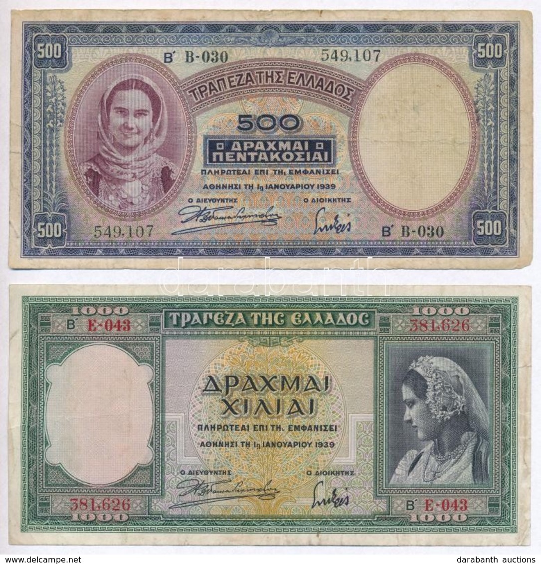 Görögország 1939. 500D + 1000D T:III,III-
Greece 1939. 500 Drachmai + 1000 Drachmai C:F,VG - Zonder Classificatie