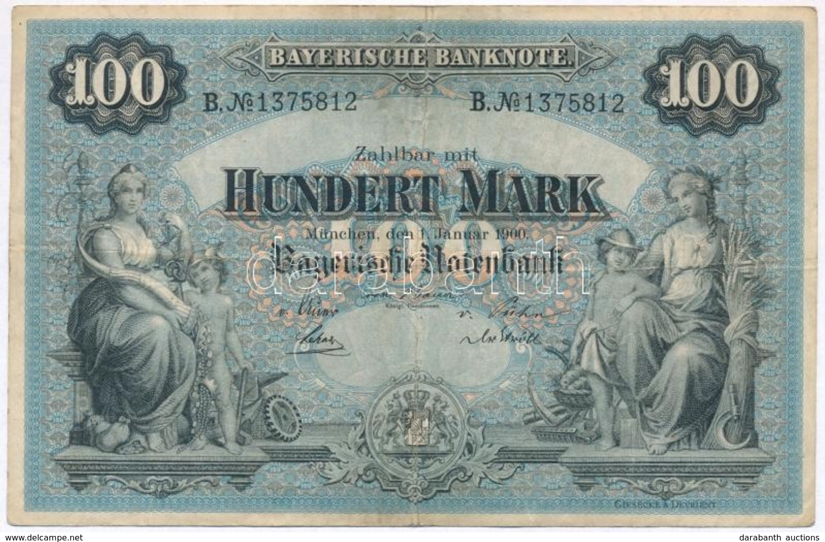 Német Birodalom / Bajorország 1900. 100M Vízjeles Papíron T:III
German Empire / Bavaria 1900. 100 Mark On Watermarked Pa - Unclassified