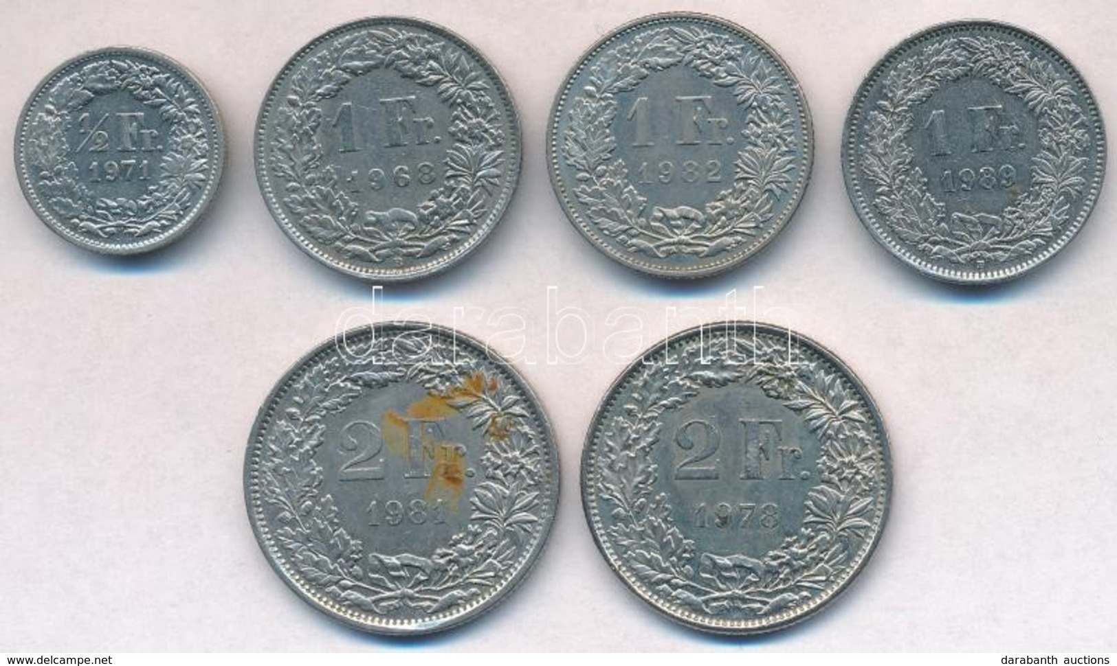 Svájc 1968-1989. 1/2Fr + 1Fr (3xklf) + 2Fr (2xklf) T:2
Switzerland 1968-1989. 1/2 Franc + 1 Franc (3xdiff) + 2 Francs (2 - Unclassified