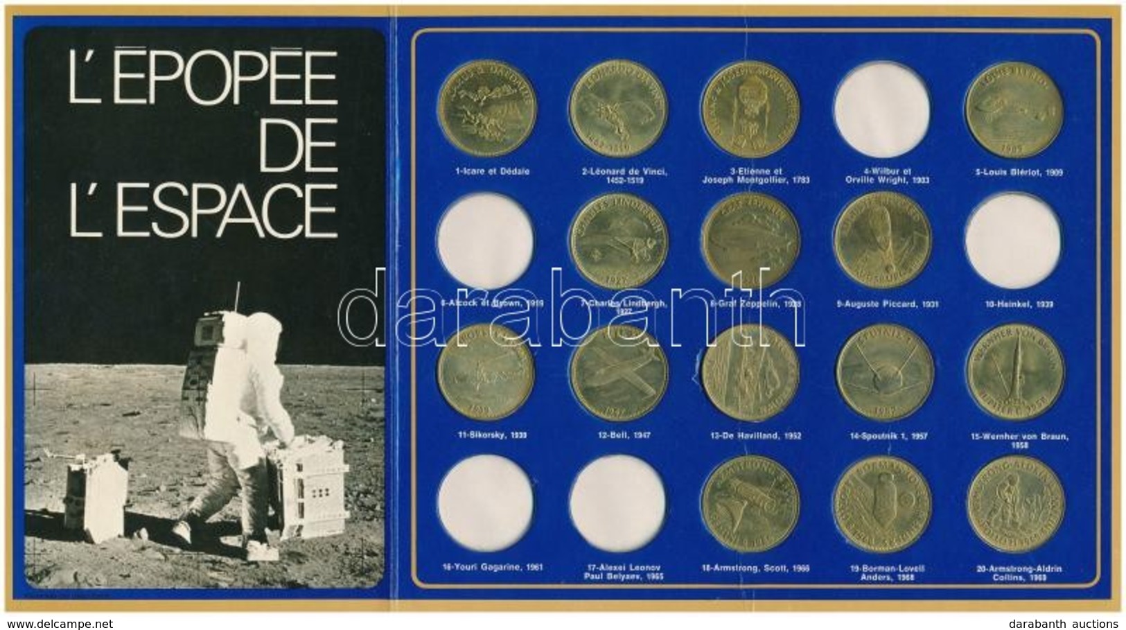 Franciaország ~1970. 'L'Épopée De L'Espace (Az űrutazás Története)' 20db Sárgaréz Emlékérem (15xklf) Francia Nyelvű Kart - Unclassified