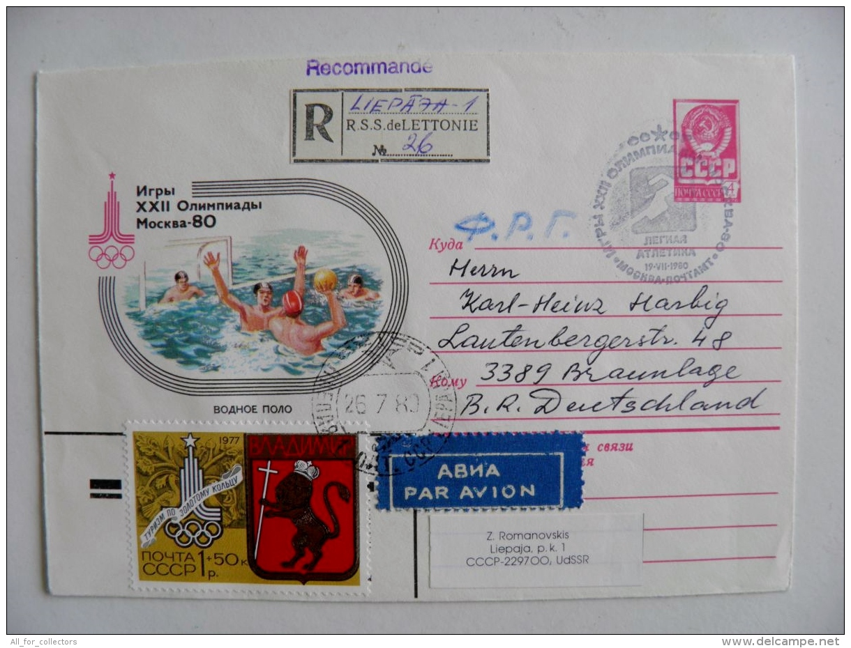 Cover  Ussr Olympic Games Moscow 1980 Water Polo Registered Liepaja Latvia Vladimir Lion Coat Of Arms - Latvia