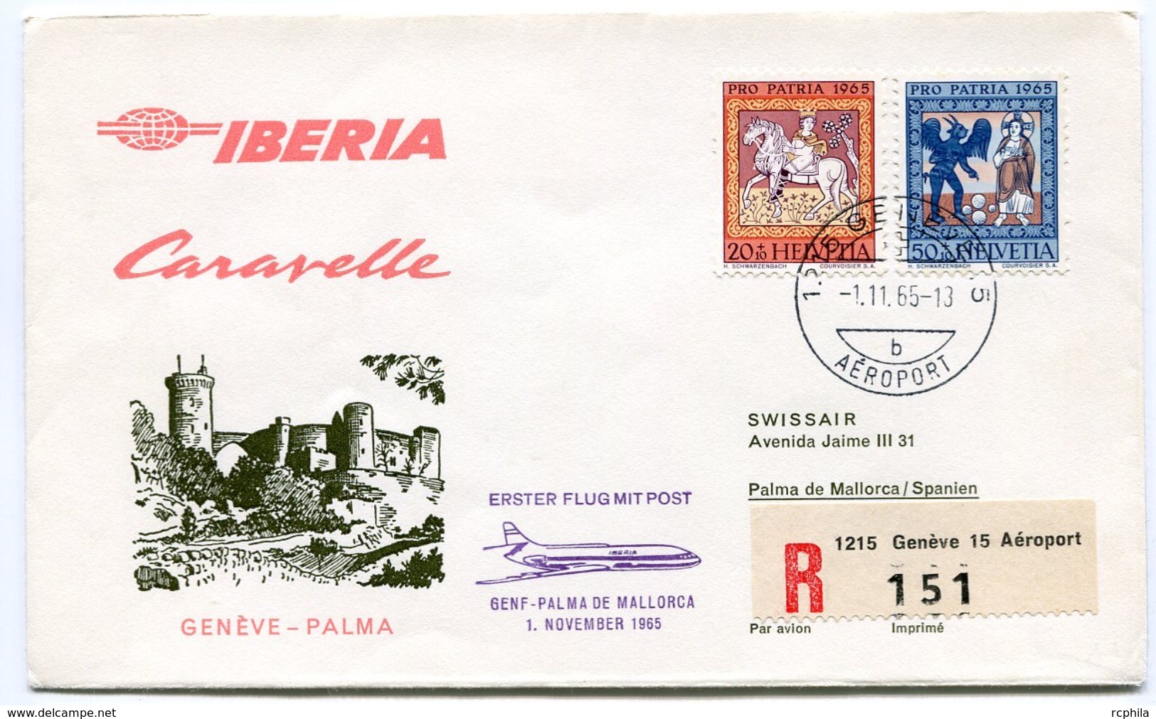 RC 6722 ESPAGNE IBERIA 1965 1er VOL GENEVE SUISSE - PALMA DE MALLORCA FFC LETTRE COVER - Brieven En Documenten