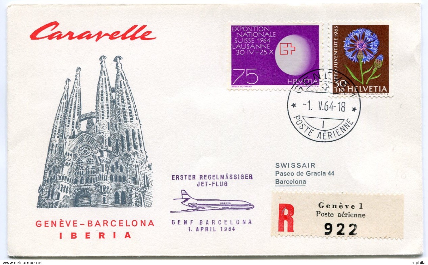 RC 6724 ESPAGNE IBERIA 1964 1er VOL GENEVE SUISSE - BARCELONA SPAIN FFC LETTRE COVER - Storia Postale