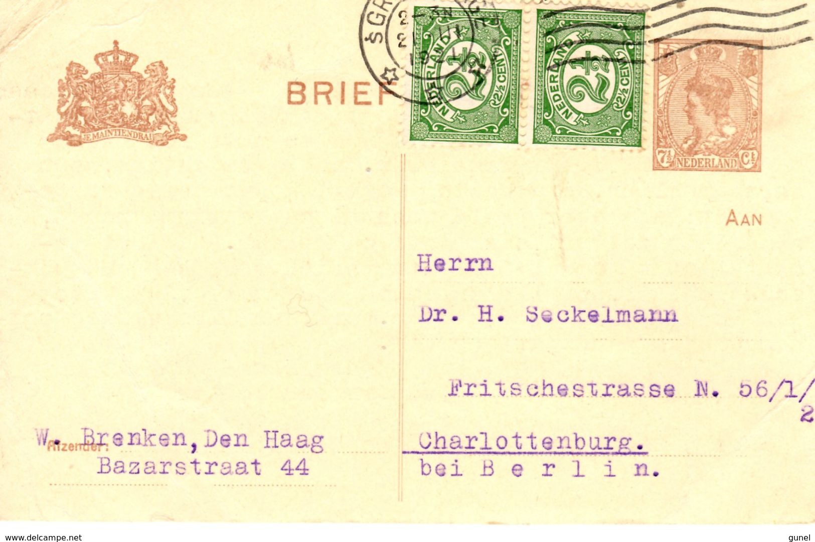 1921 Bk G122 Met Bijfrankering Van 'sGravenhage Naar Charlottenburg - Postal Stationery