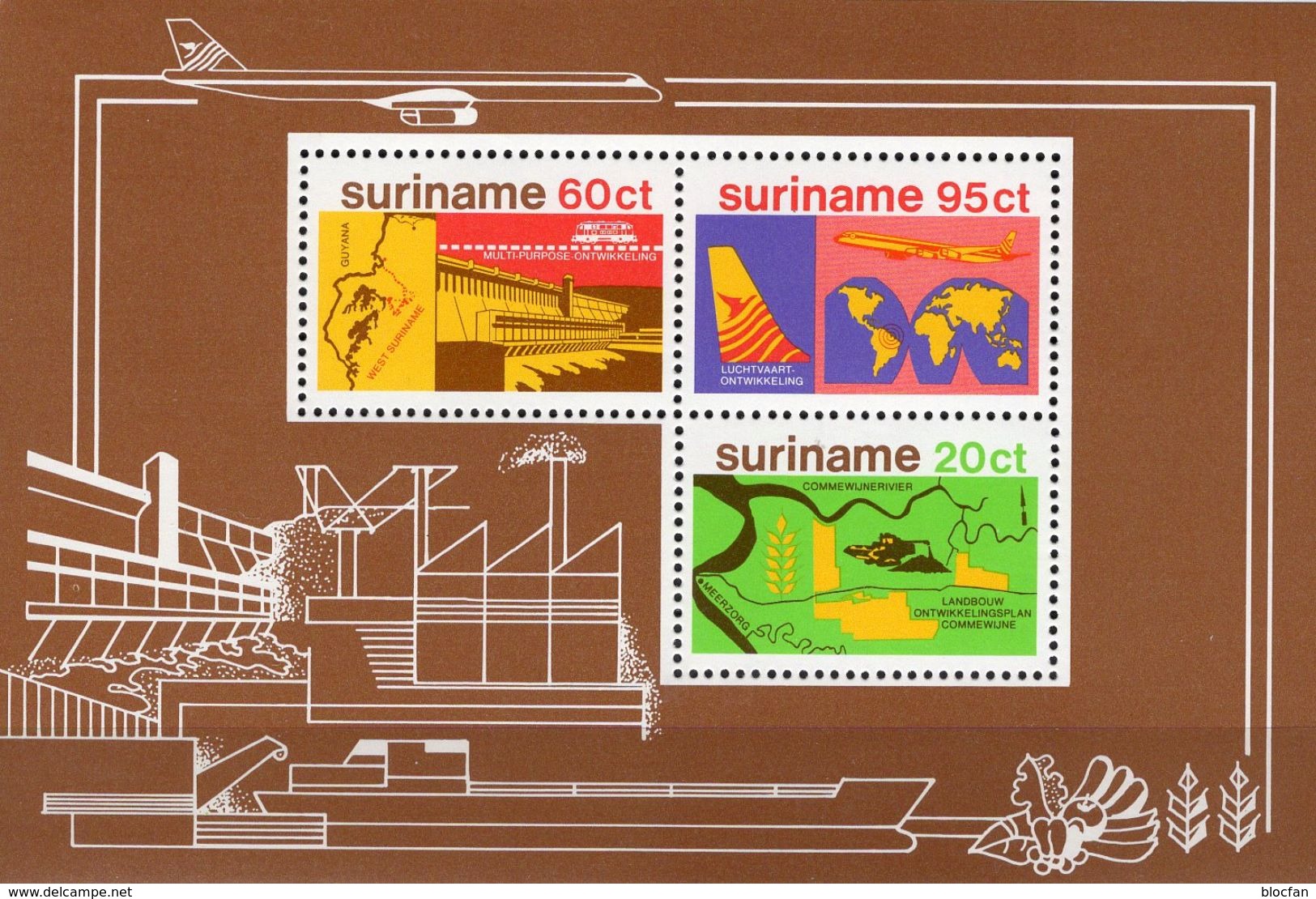 Kraftwerk/Staudamm 1978 Surinam Block 21 ** 3€ Karte Fluß-Verlauf Flugzeug Bloc Ss Industry M/s River Sheet Bf Maps - Electricity