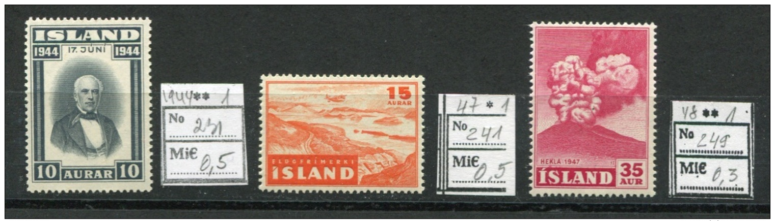 JAP P40 Iceland 1944/47/48 MNH/MLH 3v J Sigirdsson Aviation Plane Volcano Hekla - Sonstige & Ohne Zuordnung