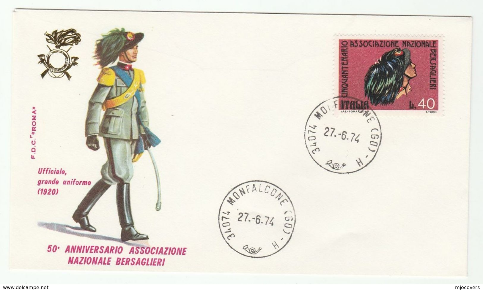 1974 Monfalcone ITALY FDC BERSAGLIERI Army 1920 UNIFORM Cover Military Forces Stamps - Militaria