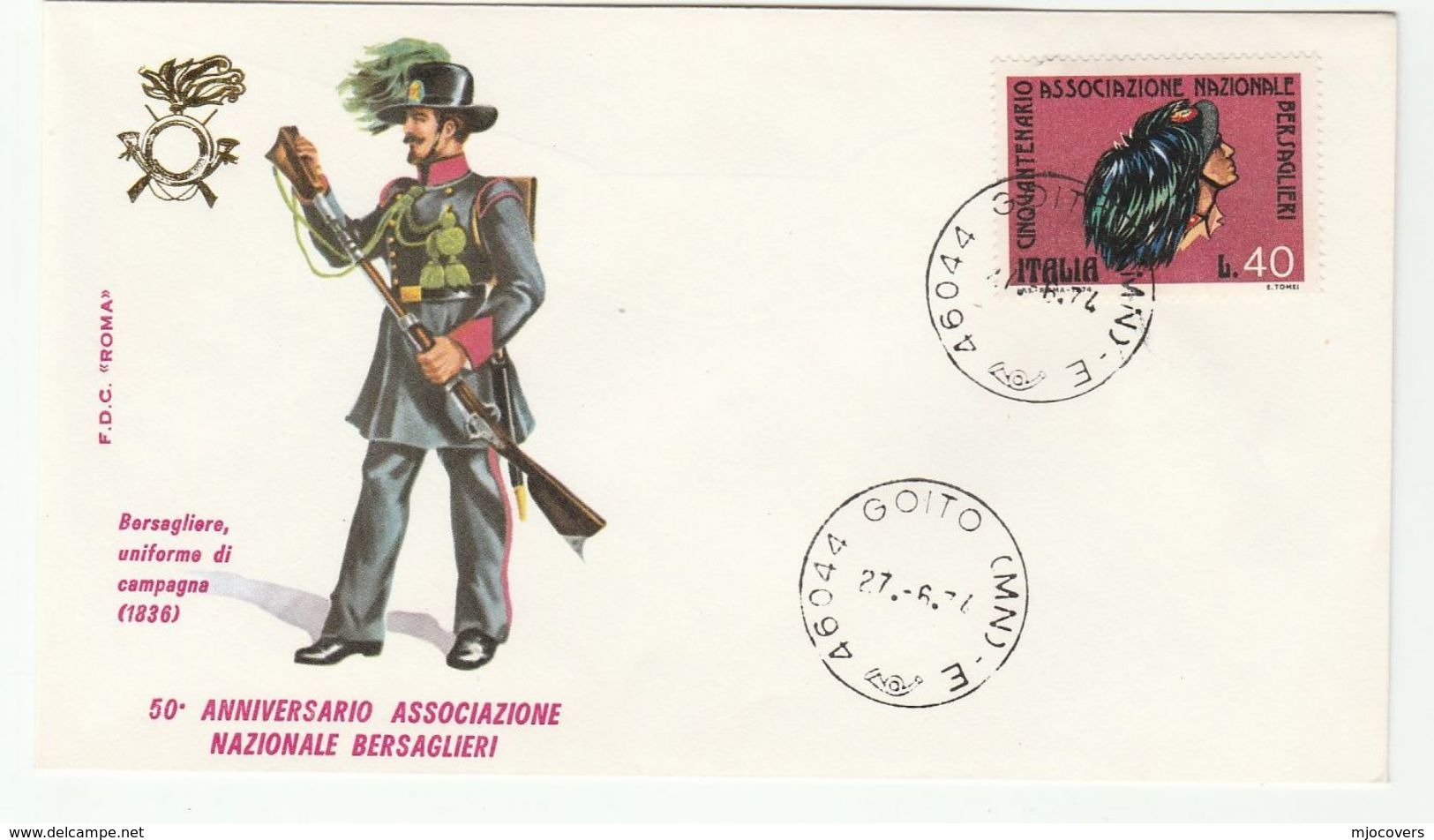 1974 Goito ITALY FDC BERSAGLIERI Army 1836 UNIFORM , GUN, Cover Military Forces Stamps - Militaria